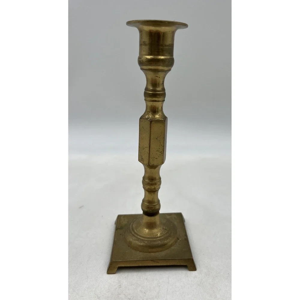 Vintage Solid Brass Candlestick Holder Square Footed Base Made in Japan 7 Inch